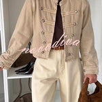 Chivalry Denim Antique Silver Button Ribbon Military Pattern Long Sleeve Jacket