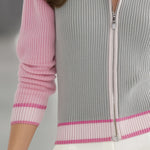 Stand Collar Zipper Contrast Color Knitted Cardigan