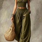 Olive Gypsy  pleated crop top and high-waisted wide-leg pants set