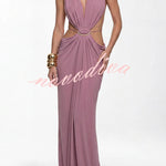 Athena Metal-Link Cutout Design Back Lace-up Drape Maxi Dress