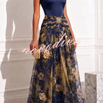 Prairie Satin High Neck Metallic Butterfly Detail Floral Tulle Hem Maxi Dress