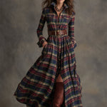 Retro Ethnic Style Lapel Reddish Brown Plaid Maxi Dress