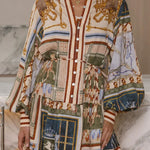 Palace Style Linen Blend Unique Print Button Balloon Sleeve Tie-up Shirt Mini Dress