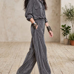 Grey lustrous corduroy shirt and high-waisted trousers set
