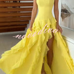Elegant Sleeveless Off-shoulder Fitted Ruffled High Slit Maxi Dress