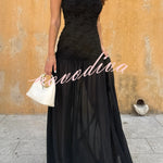Stylish Three-dimensional Floral Chiffon Patchwork Strapless Elegant Maxi Dress