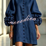 Rima Linen Blend Flowers Button Down Floral Cuffs Half Sleeve Mini Dress