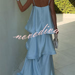 Soft and Smooth Satin Tiered Slip Square Neck A-line Maxi Dress
