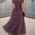 Purple Keyhole Neckline Chiffon Lace Trim Maxi Dress
