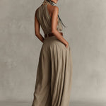 Caterina | Taupe wide leg jumpsuit with boho-style American neckline