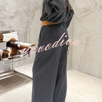 High Level Striped High Neck Long Slit Sleeve Top and Elastic Waist Pocket Loose Pants Set