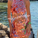 Dorothy Large Sequin Fish and Starfish Embroidery Detail Halter Mini Dress