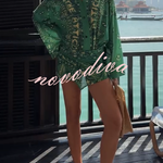 Sulena Linen Blend Ethnic Print Button Up Long Bell Sleeve Warp Tie-up Mini Dress