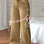 Fashionable Denim Mid Rise Side Ribbon Lace-up Pocket Wide Leg Jeans