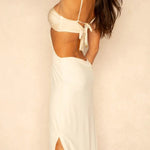 Metal Shell Straps Elastic Bikini and Slit Cover-up Dress Three-piece Set