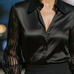 Black Spliced Satin Long-sleeved Loose-fitting Shirt