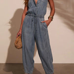 Stylish Collared Sleeveless Elastic Waist Tie Casual Pocket Denim Jumpsuit