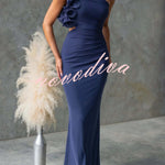 Fashionable Mesh Sleeveless One-shoulder Waist-revealing Maxi Dress