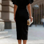 Solid Color Round Neck Ruffle Sleeve Elegant Slim-fit Midi Dress