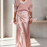 Velma Ribbed Knit V-neck Long Sleeve Relaxed Sweater and Satin Slip Midi Dress