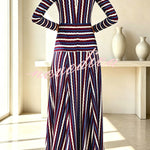 Luna Striped Round Neck Shoulder Pads Long Sleeve Fitted Waist Maxi Dress