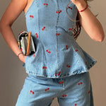 Sweet Casual Denim Cherry Print Princess Seams Flare Vest Top