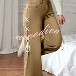 Fashionable Denim Mid Rise Side Ribbon Lace-up Pocket Wide Leg Jeans