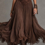 Dark Brown Lace-Paneled Chiffon Maxi Dress