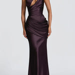 Emina Satin One Shoulder Asymmetrical Neck Cutout Back Lace-up Drape Maxi Dress