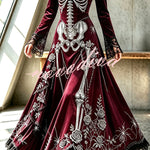 Royal-style Halloween Skull Print Square Neck Long Sleeve Flare Maxi Dress