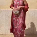 Riviera Unique Print Slit Tank Midi Dress and Satin Kimono Cover-up Two Pieces Set