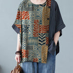 Novelty Black O-Neck Striped Patchwork Button Cotton T Shirts Half Sleeve