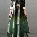 Women Long Sleeve Double Layers Button Asymmetric Vintage Maxi Dress