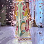 Jazlynn Satin Colorful Baroque Style Printed Short Sleeve Feather Trim Maxi Dress