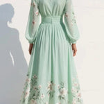 Floral Print V-neck Long-sleeved Fitted Waist Casual Maxi Dress