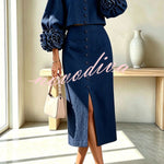 Linen Blend Flowers Buttons Floral Cuffs Sleeve Top and Elastic Waist Pocket Midi Skirt Set