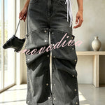 Chic Style Denim Decorative Button-stud Detail High Rise Pocket Loose Jeans