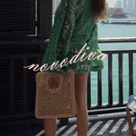 Sulena Linen Blend Ethnic Print Button Up Long Bell Sleeve Warp Tie-up Mini Dress