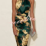 Grinnell Satin Contrast Floral Print Ruched High Neck Sleeveless Midi Dress