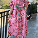 Churchill Social Playful Warhorse Print Stand Neck Ruffle Sleeve Belted Pocket Caftan Midi Dress