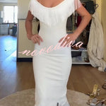 Solid Color V-neck Off-shoulder Slim-fit Tassel Midi Dress
