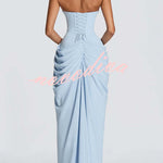 Cyra Back Lace-up Asymmetrical Pleats Strapless Slit Maxi Dress