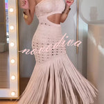 Refresh Style Knit Hollow Out One Shoulder Cutout Waist Tassel Hem Maxi Dress