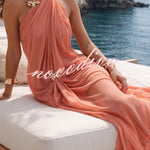 Touch of Drama Mesh Butterfly Metal Clips One Shoulder Backless Maxi Dress