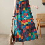 Loose Sleeveless Contrast Color Multi-Colored Plaid Round-Neck Midi Dresses