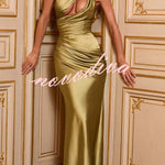 Emina Satin One Shoulder Asymmetrical Neck Cutout Back Lace-up Drape Maxi Dress