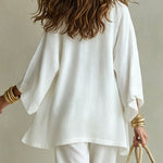 Linen Blend Solid Color Loose Cardigan V-neck Sleeveless Vest and Elastic Waist Pocket Straight Leg Pants Three-piece Set