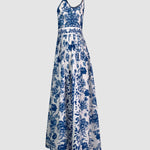 A-Line Loose Flower Print Split-Joint Lapel Maxi Dresses