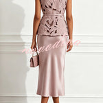 Elegant Cutout Embroidered Flowers Tie-up Sleeveless Top and Satin Slip Dress Two-Piece Set