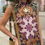 Bohemian Style Floral Print Tassel Trim Irregular Hem Slit Scarf Midi Dress